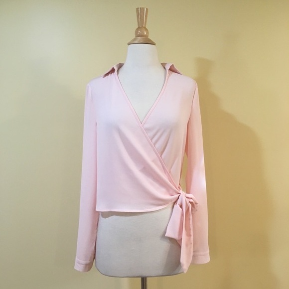 Blush Tie Front Surplice Wrap Around Blouse - Picture 2 of 6